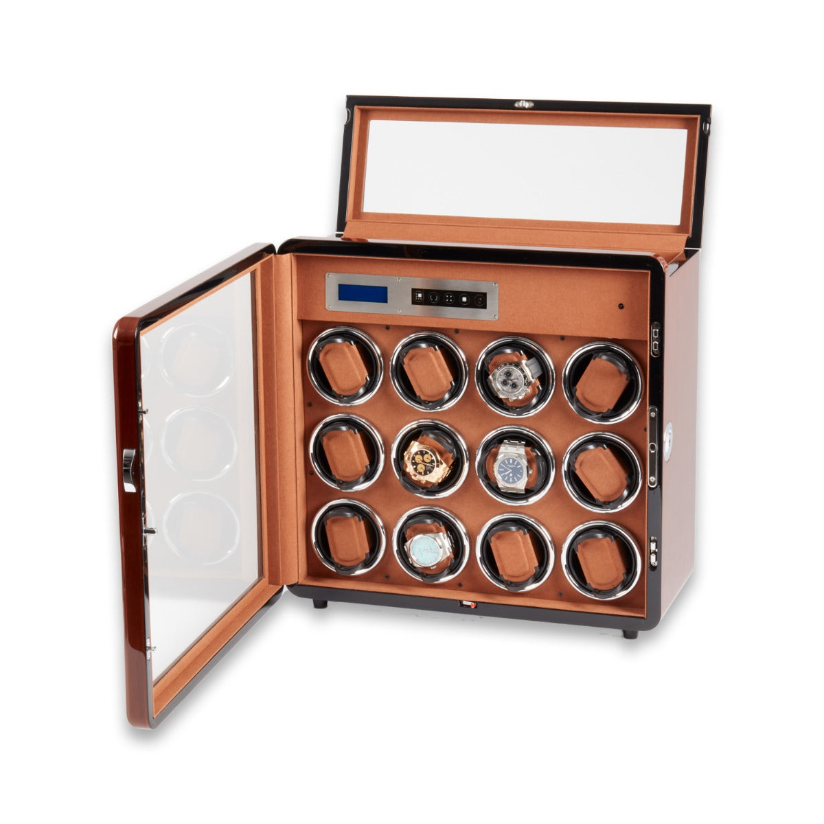 Monty Twelve Watch Winder and Six Watch Storage, Burlwood Finish