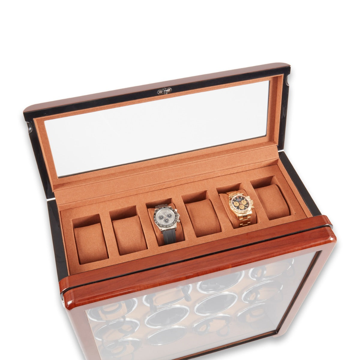 Monty Twelve Watch Winder and Six Watch Storage, Burlwood Finish
