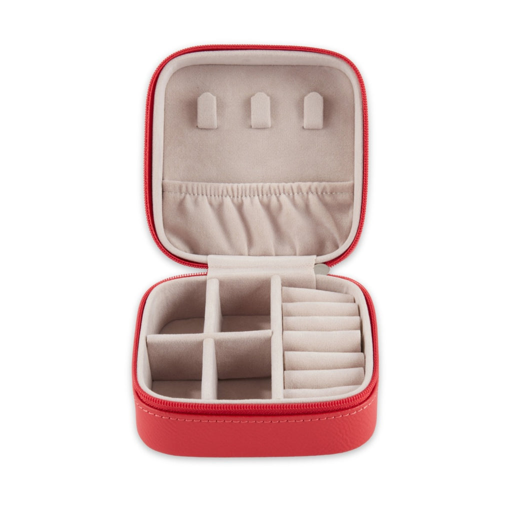 Small Red Leather Travel Jewelry Case with Zipper Closure