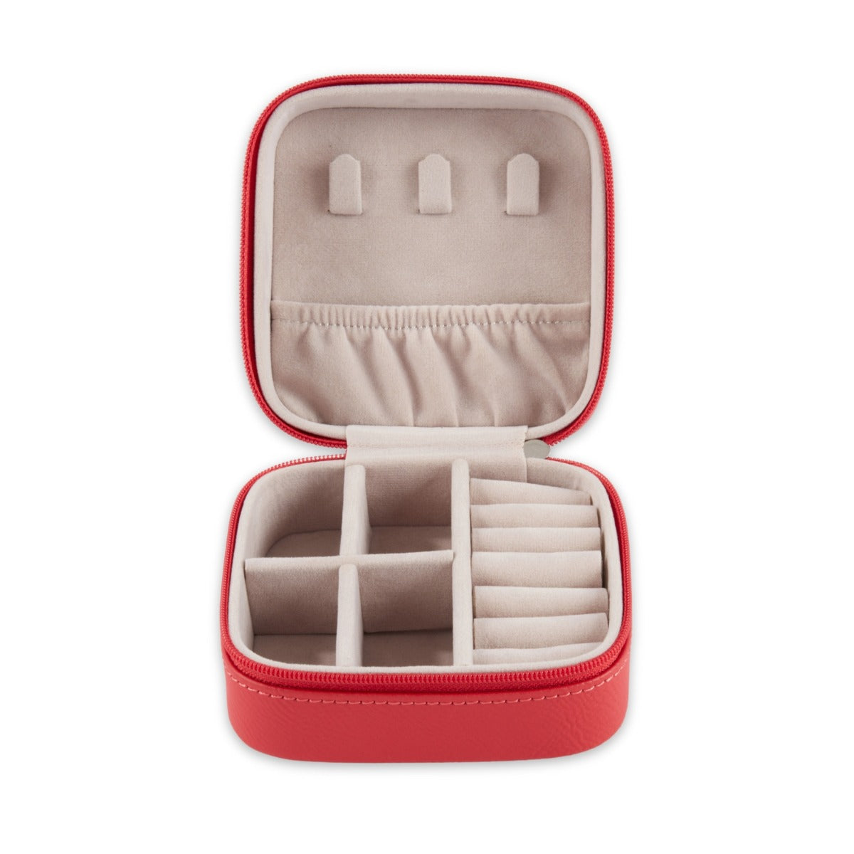 Small Red Leather Travel Jewelry Case with Zipper Closure