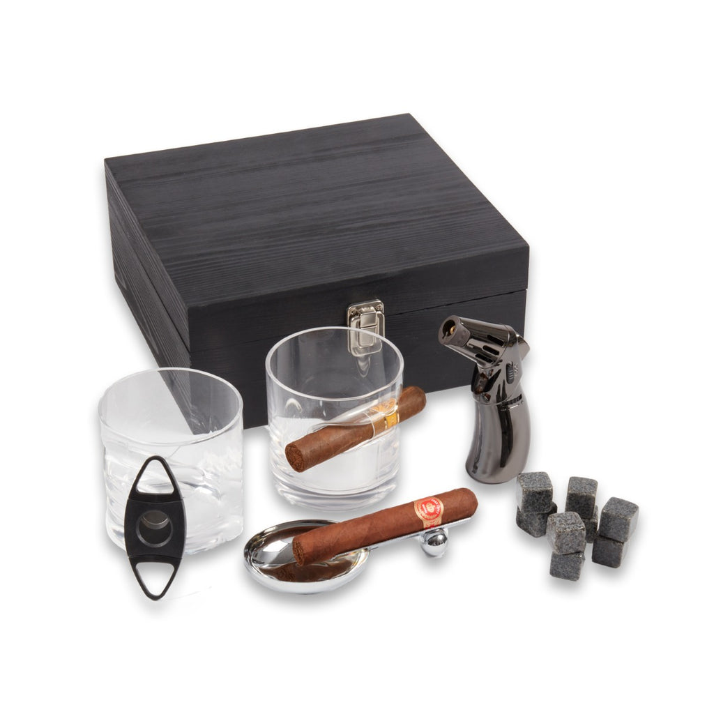 Boulevardier Set with Two Whiskey Glasses, 12 whiskey Stones, Cigar Torch, Ashtray and Cutter