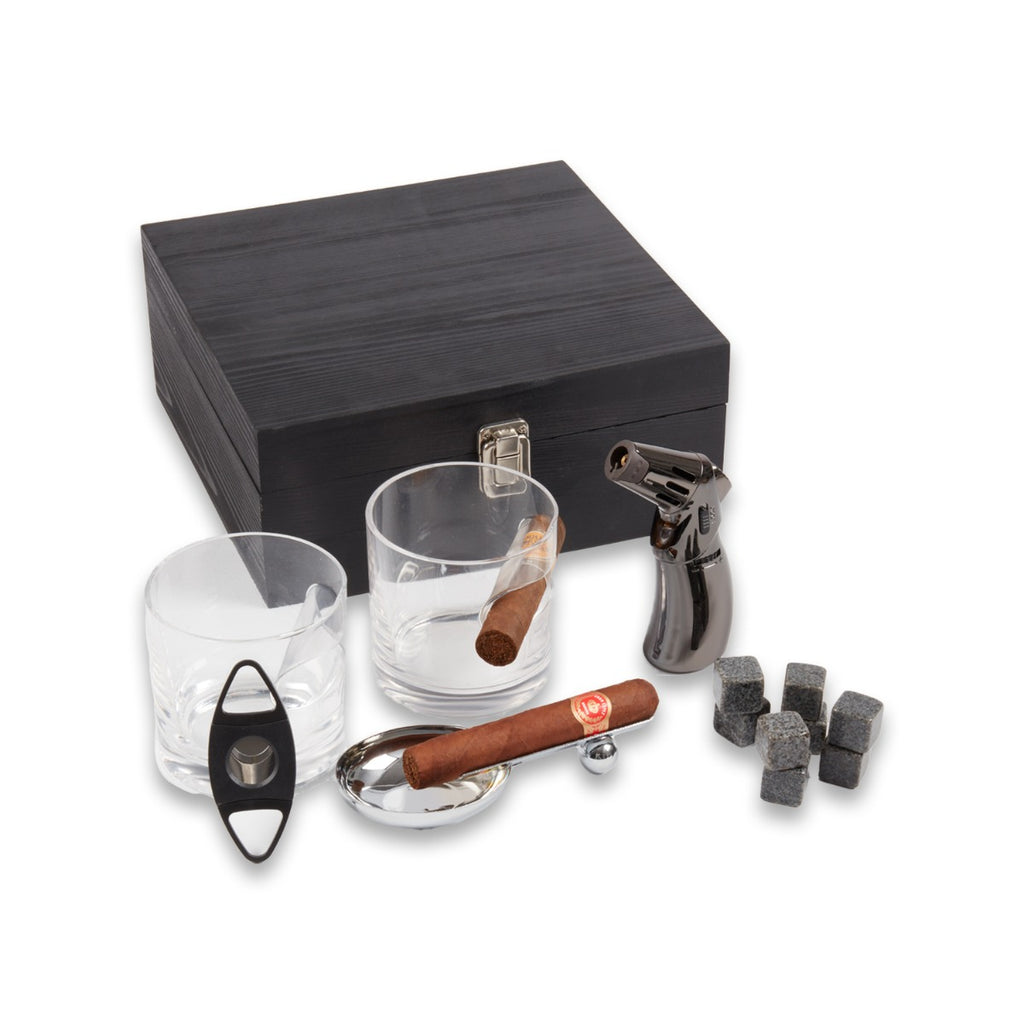 Boulevardier Set with Two Whiskey Glasses, 12 whiskey Stones, Cigar Torch, Ashtray and Cutter