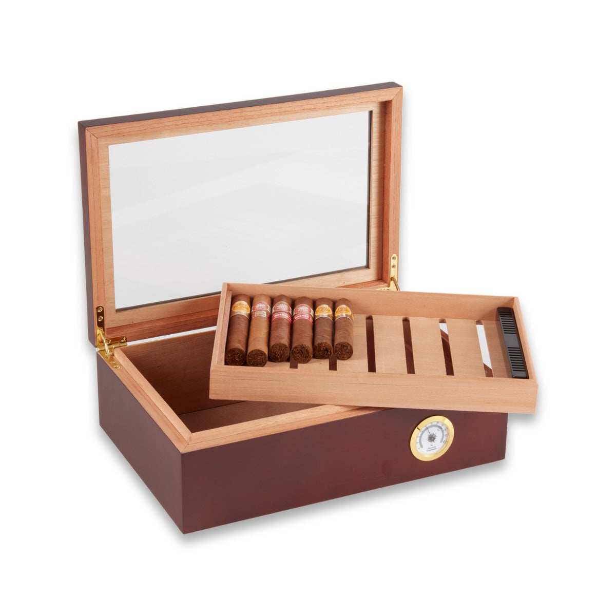 Havana Walnut 75 Cigar Humidor with Glass Viewing Top and Spanish Cedar Lining