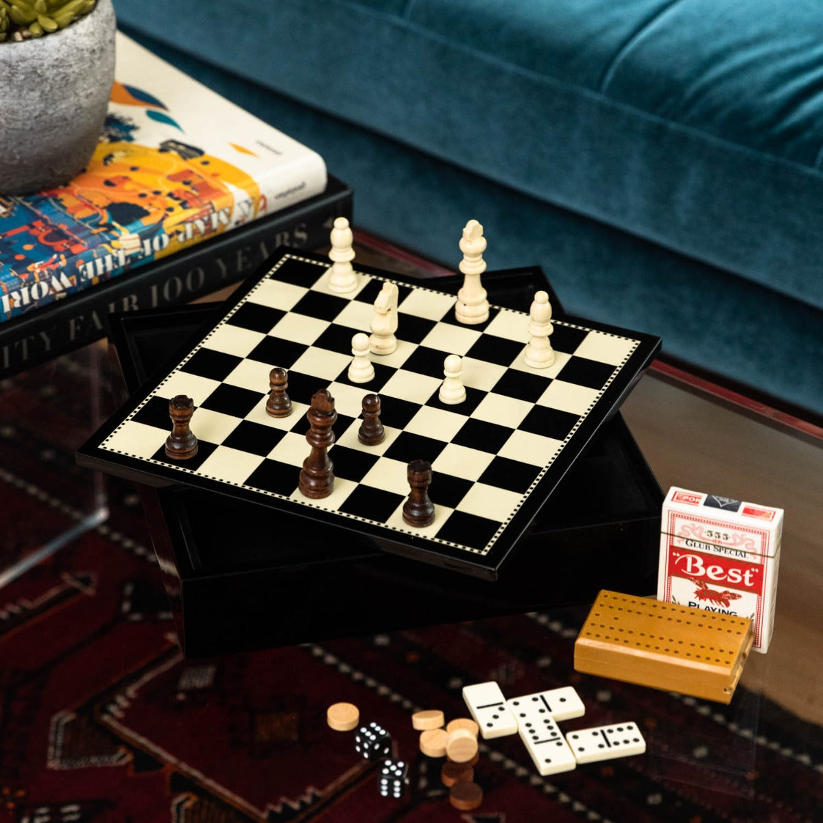 Evan Black Lacquered Wood Multi Game Set