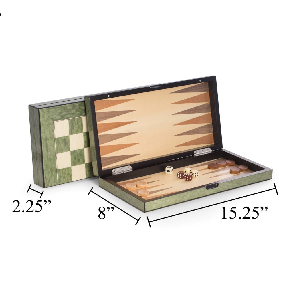 Harrison Green Inlaid  Wood Backgammon & Chess Set