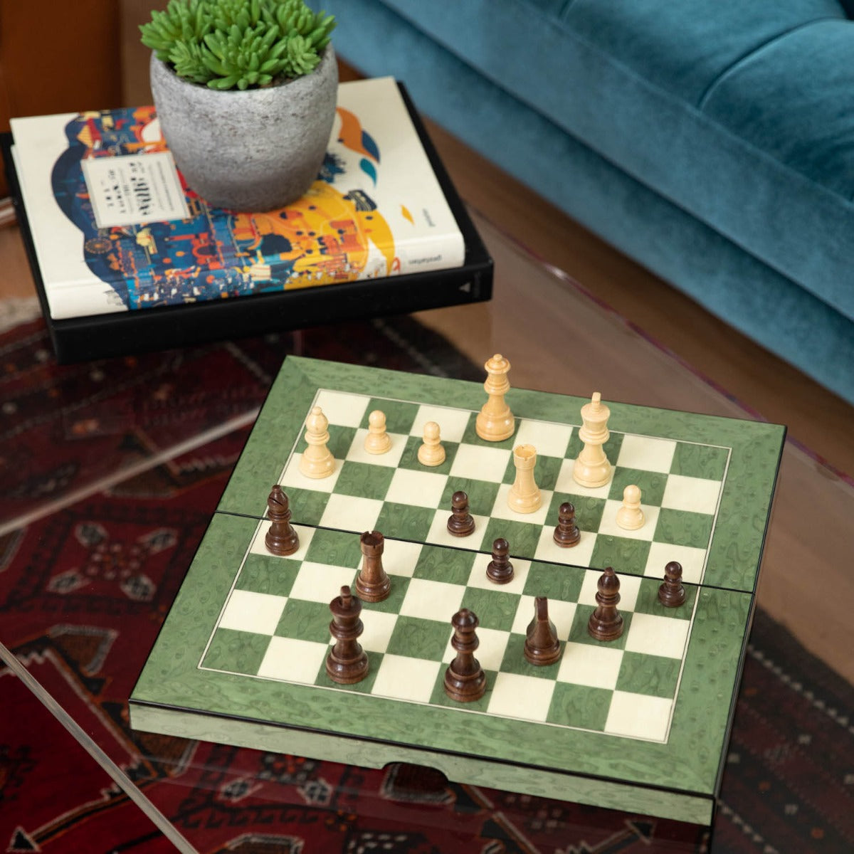 Harrison Green Inlaid  Wood Backgammon & Chess Set
