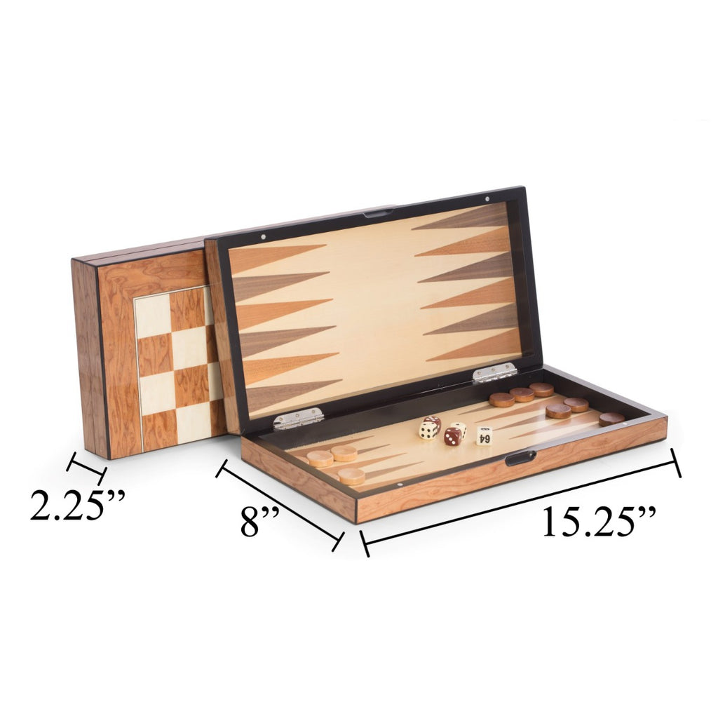 Harrison Brown Inlaid  Wood Backgammon & Chess Set