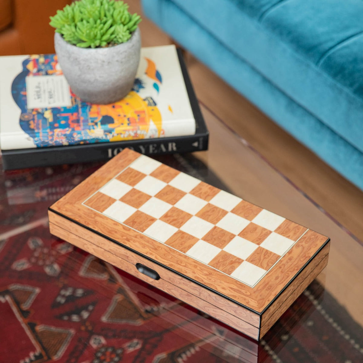 Harrison Brown Inlaid  Wood Backgammon & Chess Set
