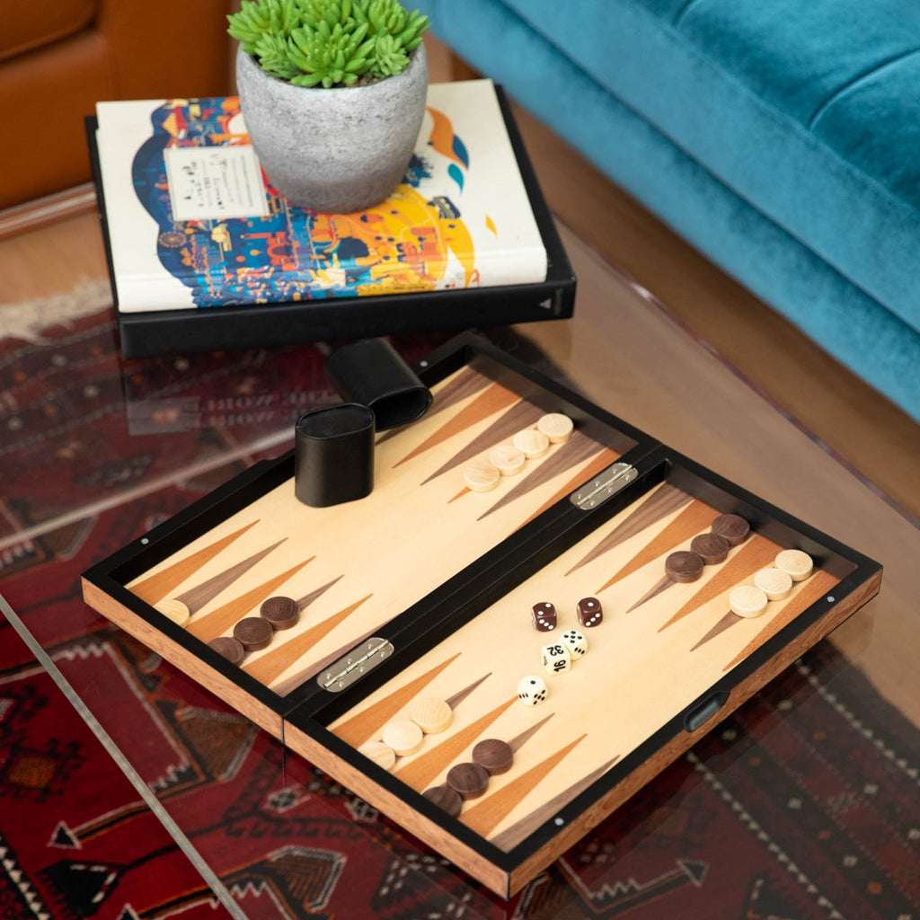 Harrison Brown Inlaid  Wood Backgammon & Chess Set