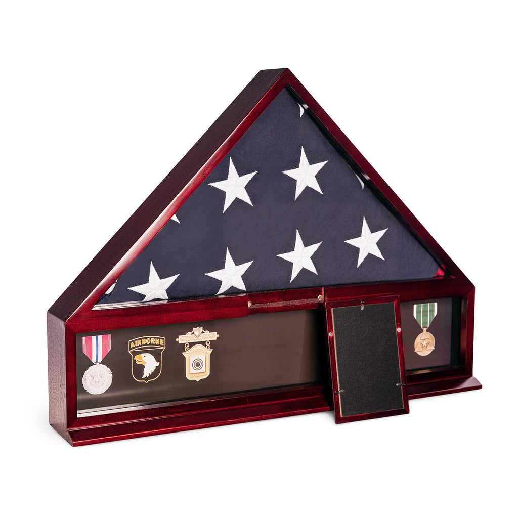 Cherry Wood Military Flag and Medal Display Case